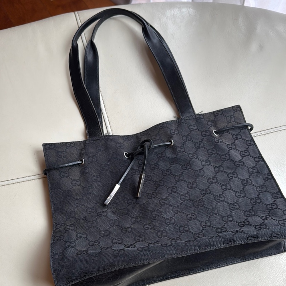 AUTHENTIC Gucci Black Tote with Monogram Pattern and Leather Handles